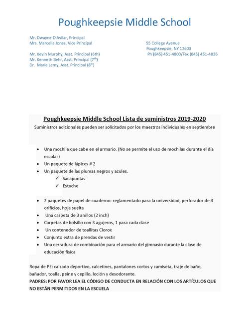 2019-20 Supply List Spanish 
